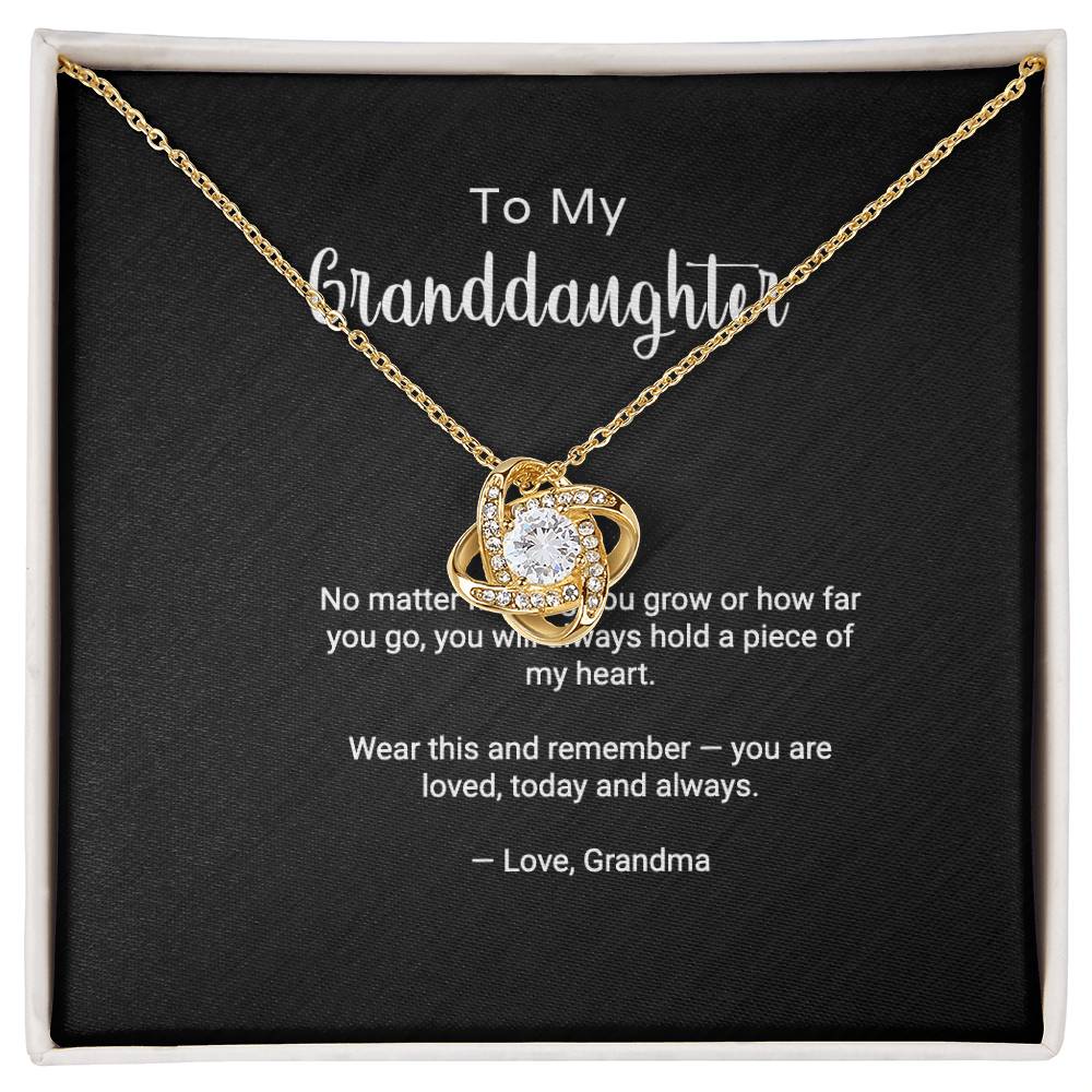 Love Knot pendant necklace for granddaughter — cubic zirconia close-up