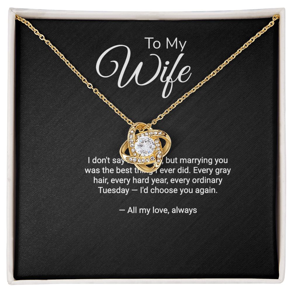 Love Knot pendant necklace for wife — cubic zirconia close-up