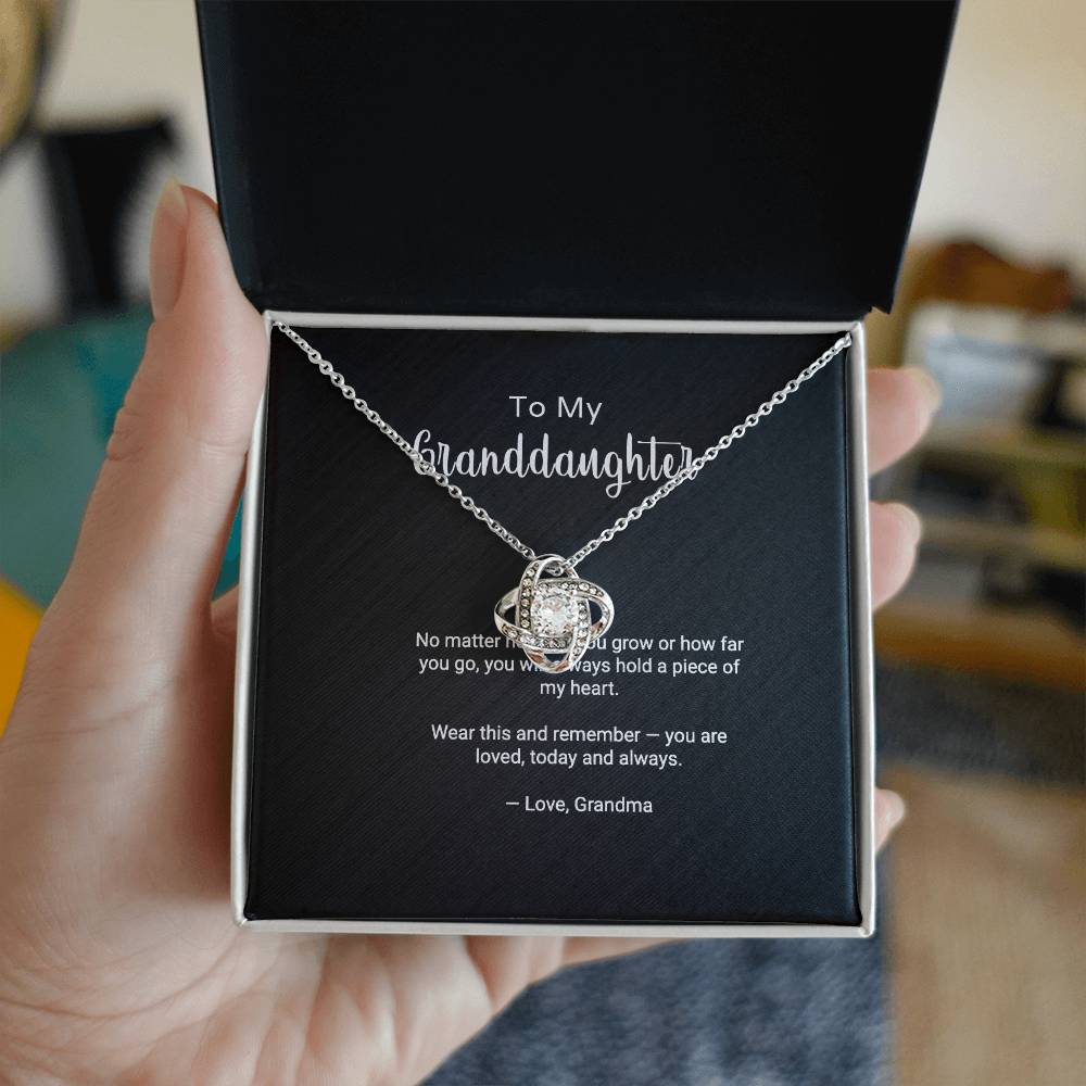 To My Granddaughter Love Knot necklace gift with message card — detail view