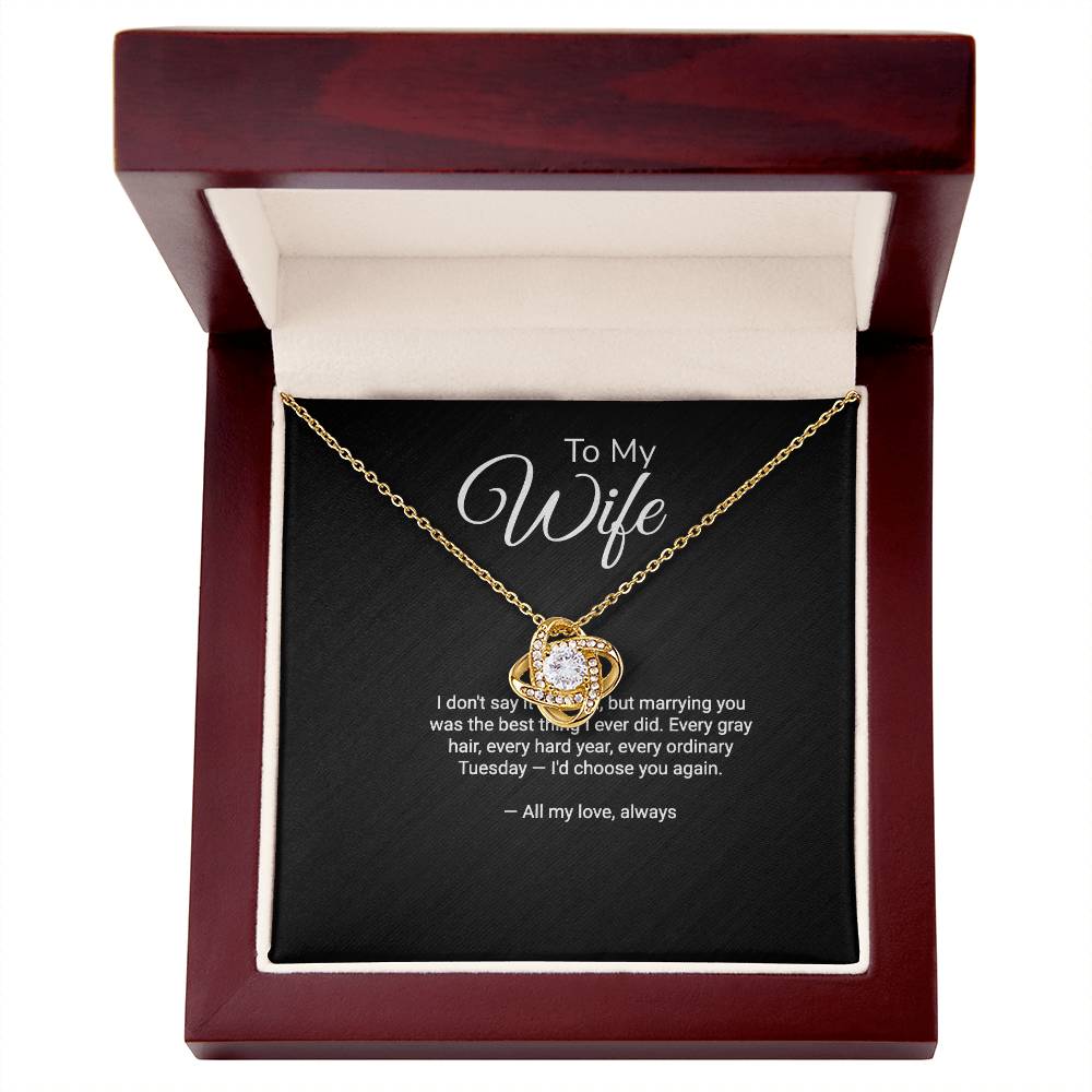 To My Wife Love Knot necklace — gift presentation view
