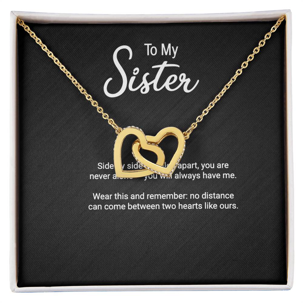 To My Sister Interlocking Hearts necklace gift with message card — detail view