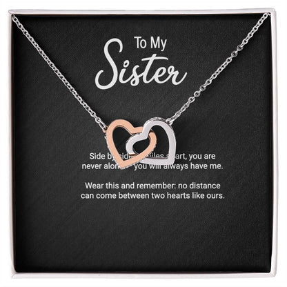 To My Sister 'Side by Side or Miles Apart' Interlocking Hearts necklace with message card in gift box