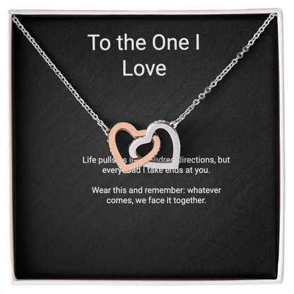 'Every Road Ends at You' Interlocking Hearts couples necklace with message card in gift box